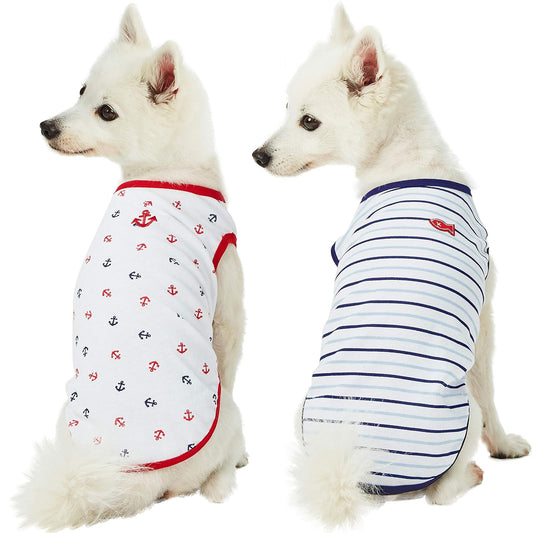 Blueberry Pet Soft & Comfy Summer Vacation Beach Cotton Dog T-Shirts, 2 Pack, Sea Lover Navy Sailor Shirts Tank Top Clothes, Back Length 16", for Medium Large Dogs