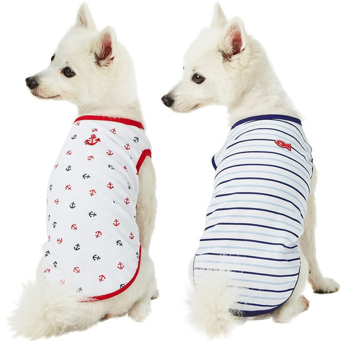Blueberry Pet Soft & Comfy Summer Vacation Beach Cotton Dog T-Shirts, 2 Pack, Sea Lover Navy Sailor Shirts Tank Top Clothes, Back Length 16", for Medium Large Dogs