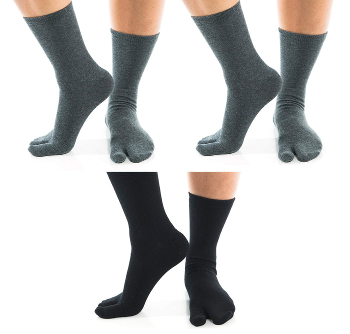 V-Toe Split Toe Flip-Flop Socks - Tabi Premium Cotton Blend Men & Women Sock - Men's Japanese Toe Separated Black Grey - 3 Pairs Pack