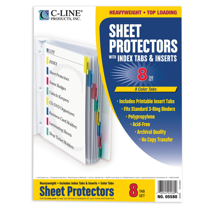 C-Line Polypropylene Sheet Protector with Index Tabs, Assorted Color Tabs, 11 x 8.5 Inches, One 8-Tab Set (05580)