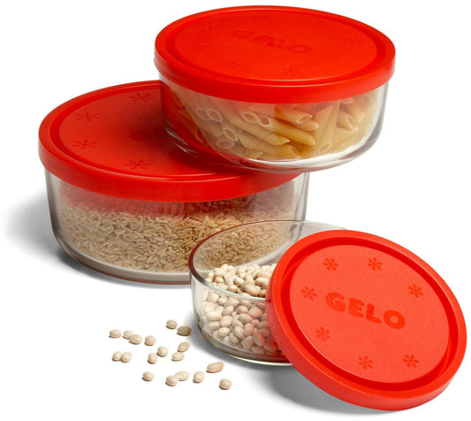 Bormioli Rocco Gelo Glass Storage Bowls with Red Lids, Set of 3