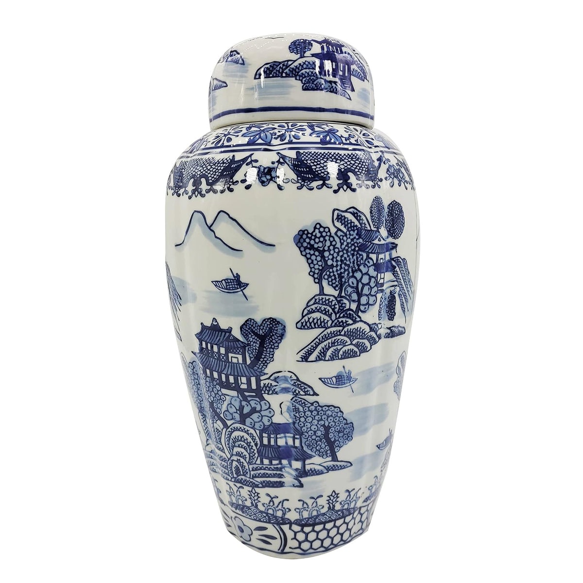 Galt International Urn, 640 Ounces, Blue and White Ceramic Jar H16"