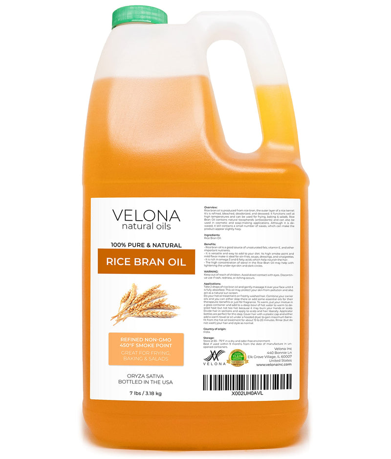 Rice Bran Oil by Velona- 7 lb | 100% Pure and Natural Carrier Oil | Refined, Cold Pressed | Cooking, Face, Hair, Body & Skin Care | Use Today - Enjoy Results