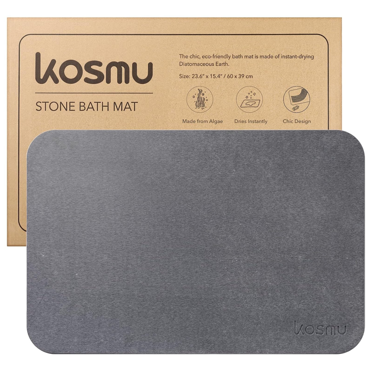 KOSMU Bathtub Shower Mat, 23.6" x 15.4" (Rectangular), Mininalist / Graphite