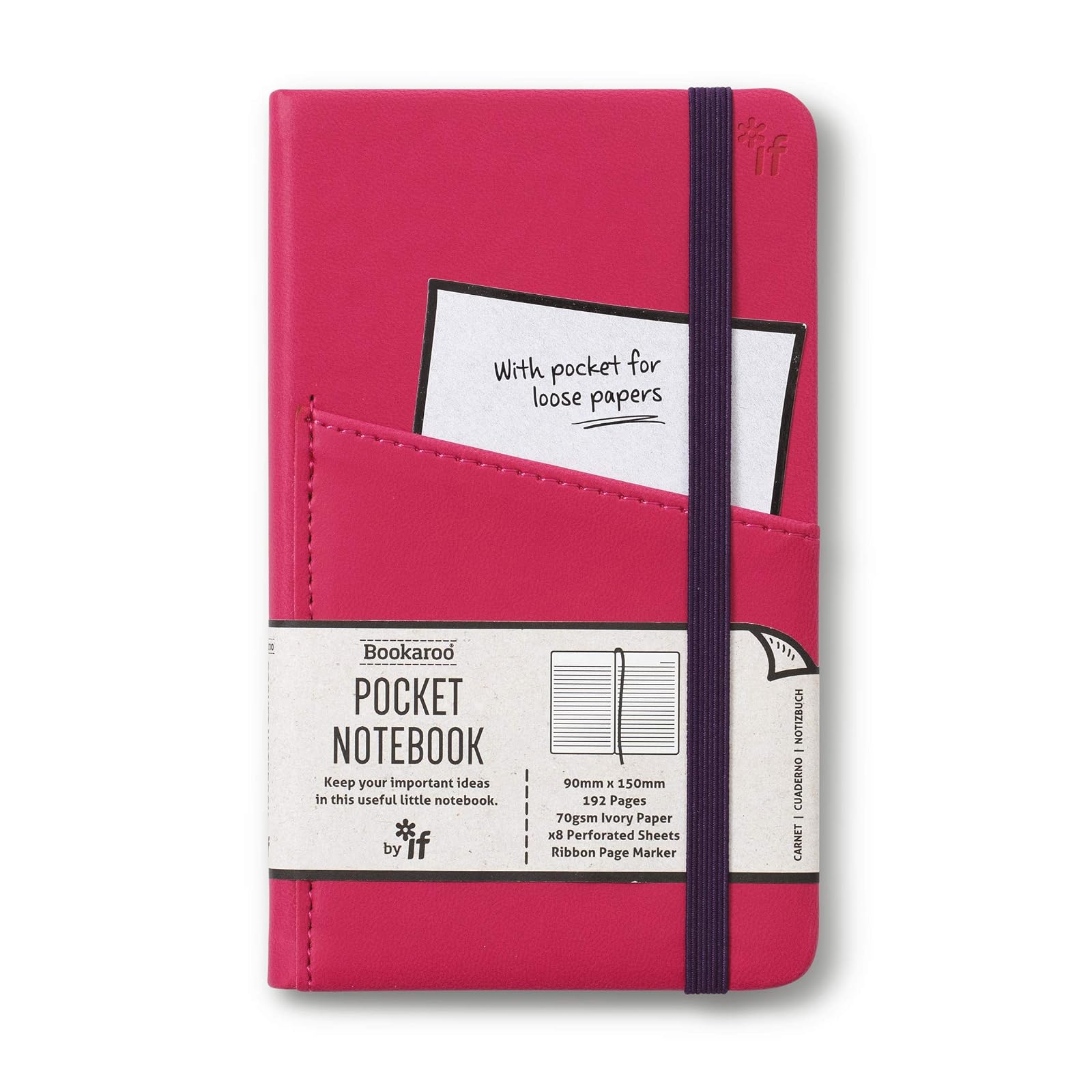 IF Bookaroo A6 'Pocket' Notebook - HOT PINK, Hard Cover Notebook with Elastic Closure & Ribbon (A6) 15.5 x 9.5cm