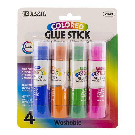 BAZIC 8g/0.28 Oz Washable Colored Glue Stick, Multi-Purpose Acid Free, Glue Sticks Set Ideal for Photos Paper Kids Art Craft at School Home Office (4/Pack), 1-Pack
