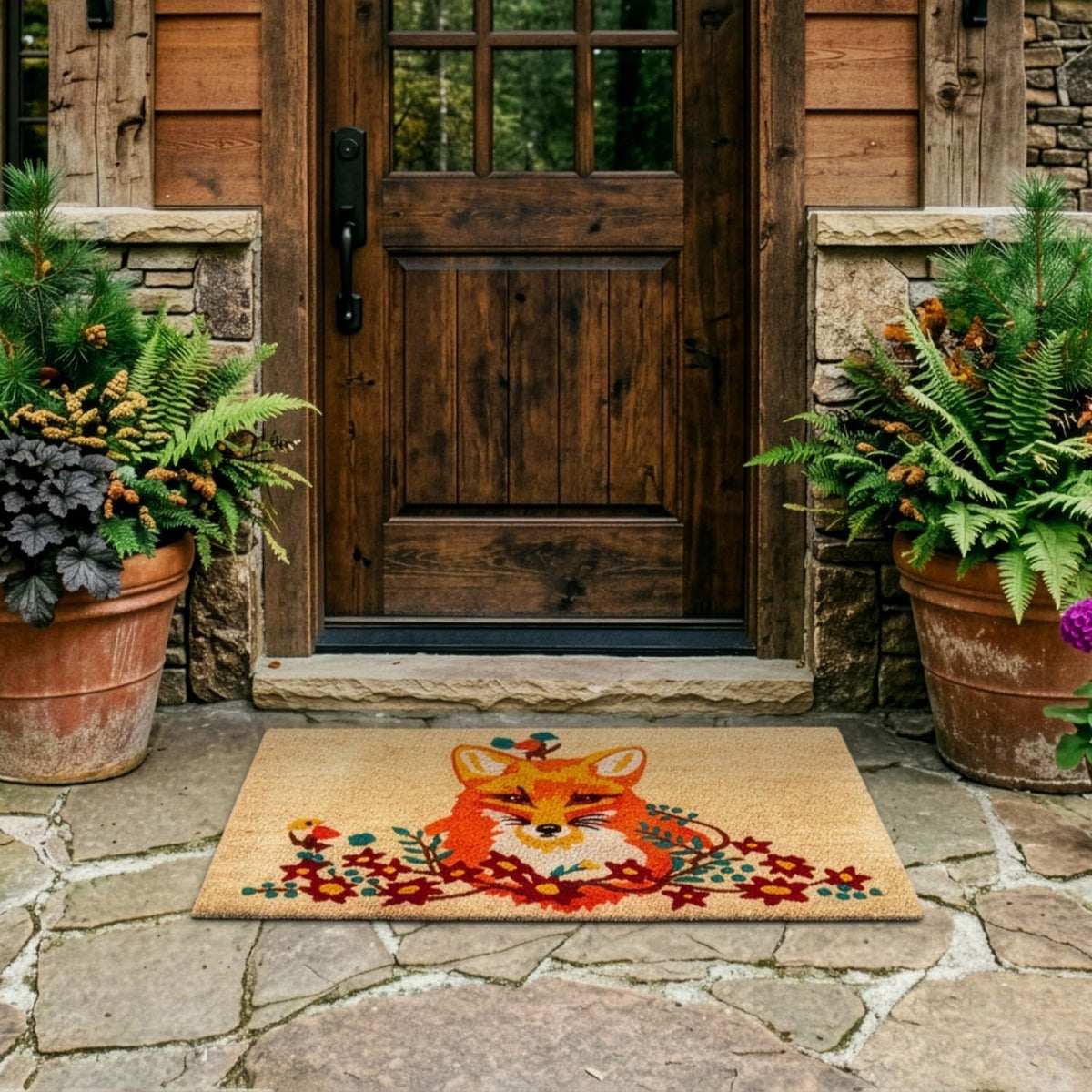 Larry Traverso Fox and Birds 100% Coir Doormat, 18 x 30 inches, Naturally Durable, PVC-Backing, Sustainable