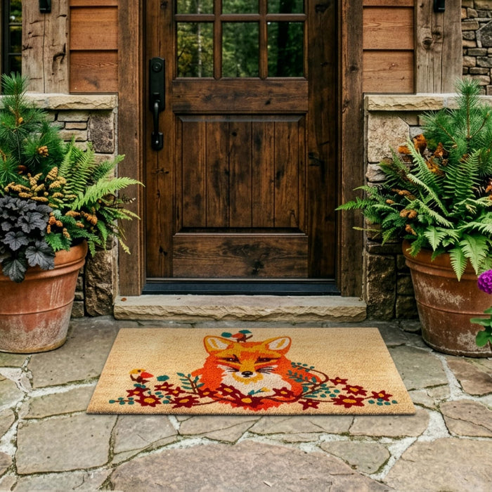 Larry Traverso Fox and Birds 100% Coir Doormat, 18 x 30 inches, Naturally Durable, PVC-Backing, Sustainable