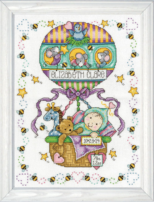 Design Works Crafts Tobin 14 Count Balloon Ride Birth Record Counted Cross Stitch Kit, 11 by 14-Inch