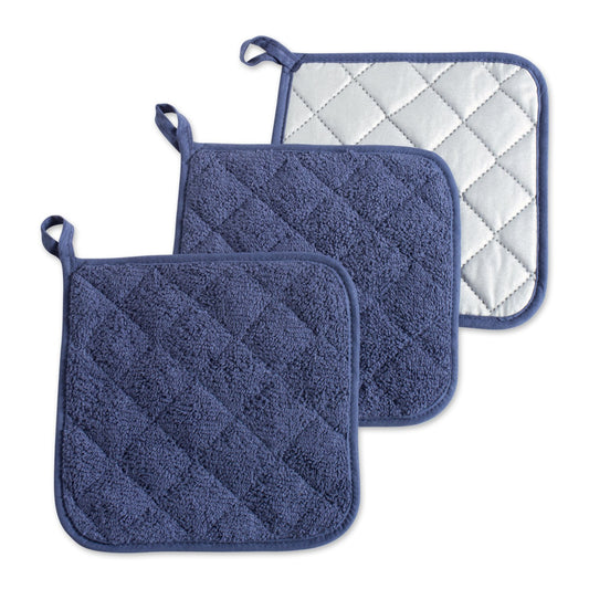 DII Design Basic Terry Collection Quilted 100% Cotton, Potholder, French Blue, 3 Piece