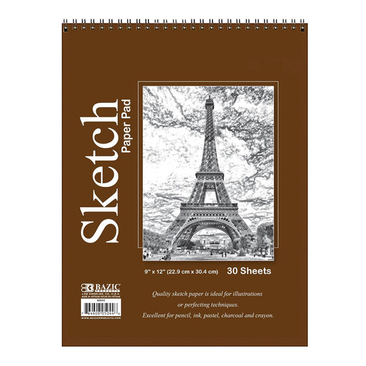 BAZIC Premium Sketch Pad 30 Sheets 9" X 12", Top Bound Spiral Sketchbook Drawing Pads, Sketching Paper Coloring Book for Artist Kids School, 1-Pack