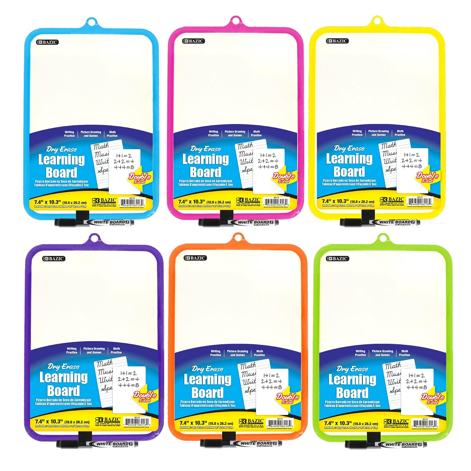 Bazic 6016-12 7. 4 inch X 10. 3 inch Double Sided Dry Erase Learning Board with Marker and Eraser
