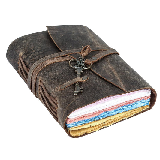 Tuzech Leather Journal for Women Men Gift With Deckle Edge Paper , Leather Scrapbook, Book of Shadows, Vintage Journal, Old Books, Grimoire, Antique Drawing Sketchbook Colourful Paper 7 by 5 Inches