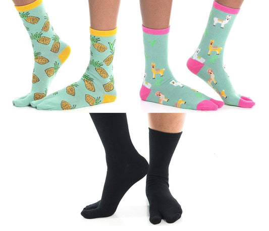 V-Toe Socks Pattern Flip-Flop Socks Novelty Fun Two Toe Tabi Style Fun Hearts, Llamas, Black Solid 3 Pairs