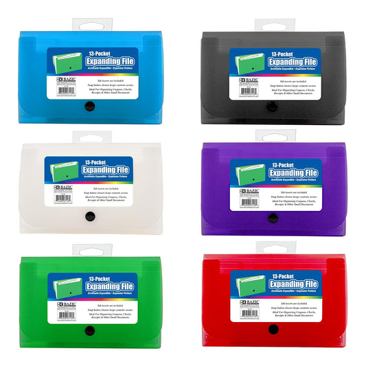 BAZIC 13-Pockets Coupon/Personal Check Size Expanding File for School, Home, or Office Organization
