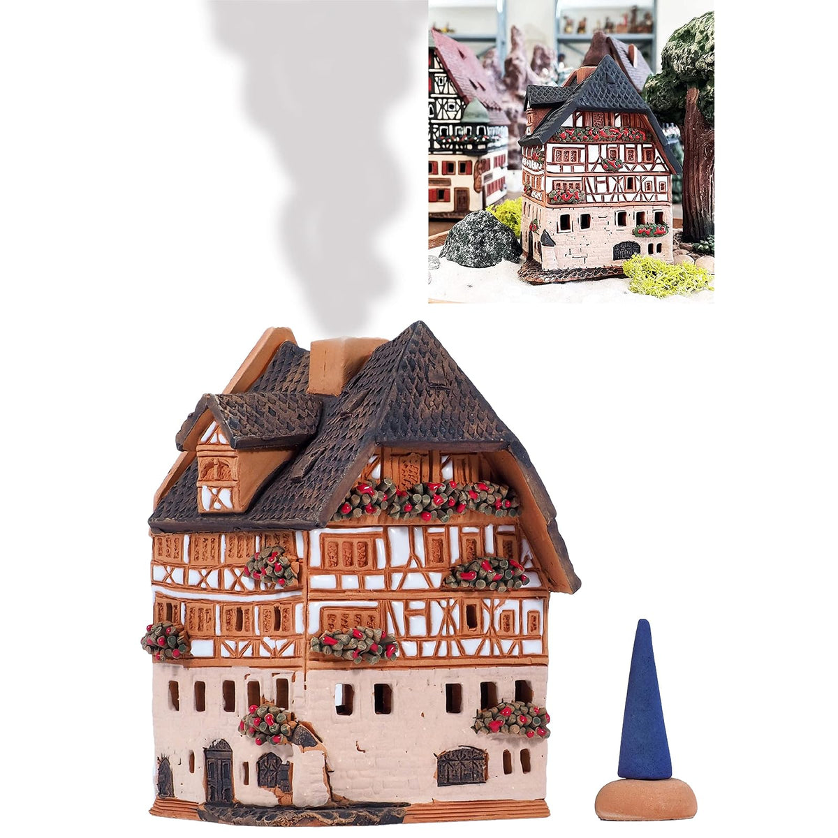 Midene Incense Holder, 4.3" Tall, Brown, White, Orange, Black, Red