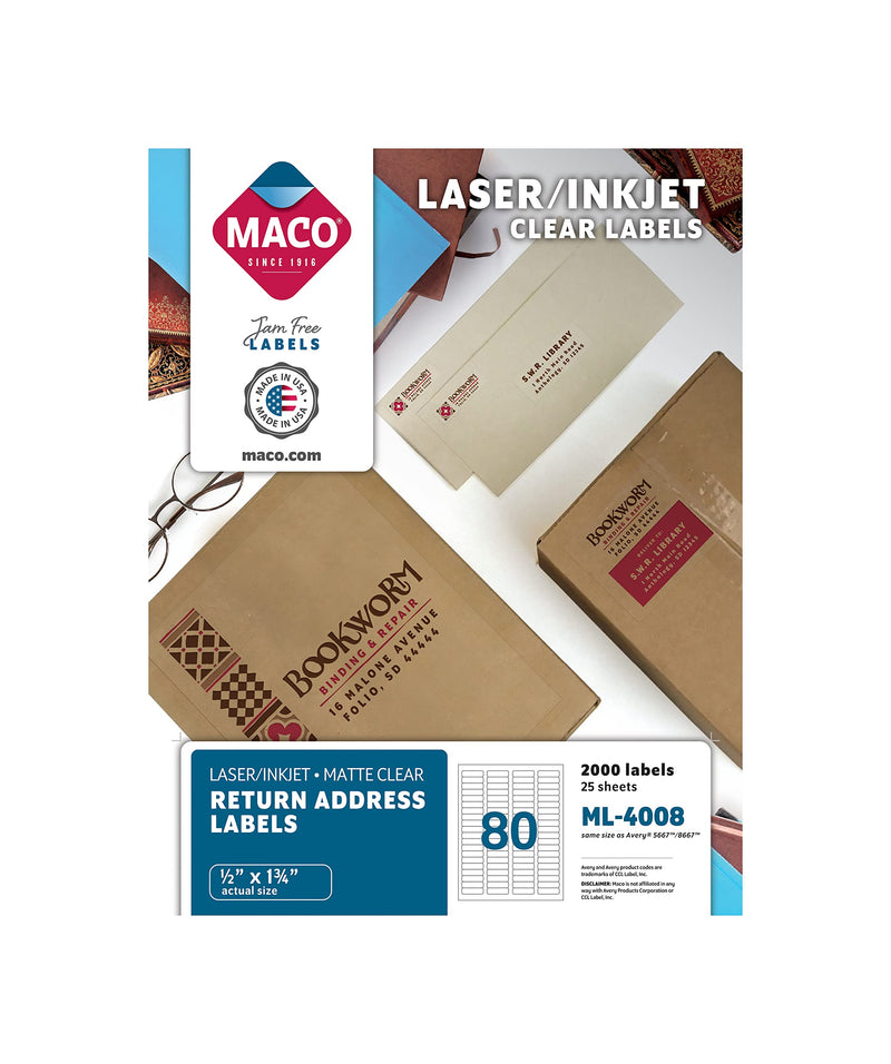 MACO Laser/Ink Jet Matte Clear Return Address Labels, 1/2" x 1-3/4", 80 per Sheet, 2000 per Box (ML-4008)