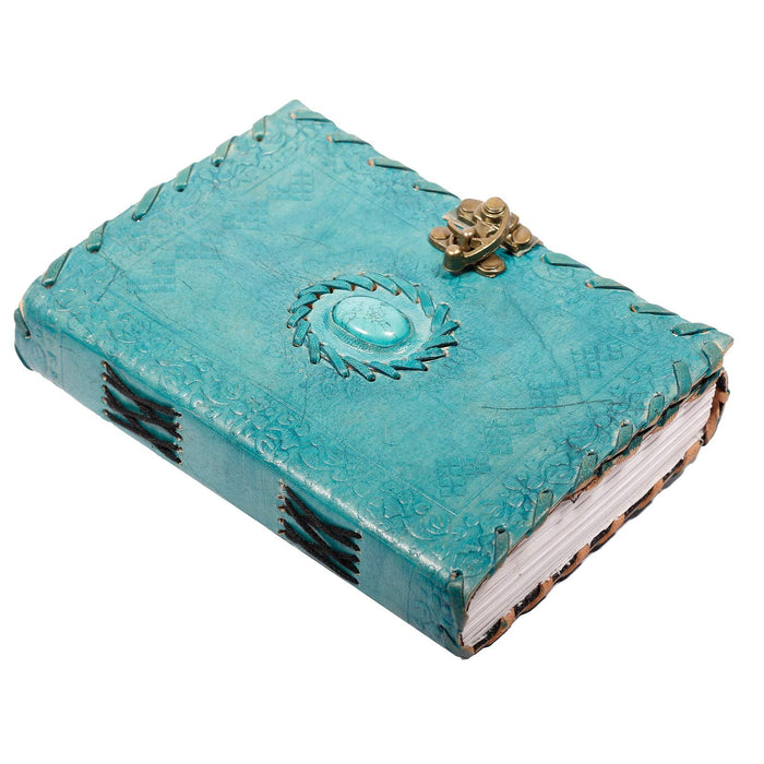 Tuzech Leather Journal Writing Notebook - Handmade Leather Bound Vintage Journal For Women and Men with Lock And Semi-Precious Stone Gift For Art, Travel Diary To Write In 6 by 4 Inches (Ocean Blue)