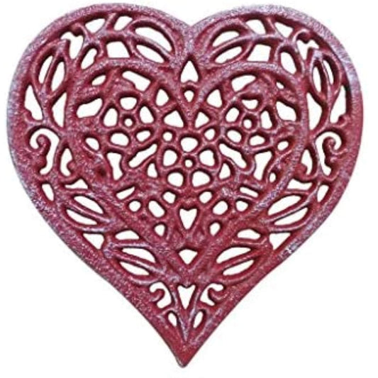 Hampton Iron Rustic Red Whitewashed Cast Iron Heart Shaped Trivet 7" - Decorative Trivet -