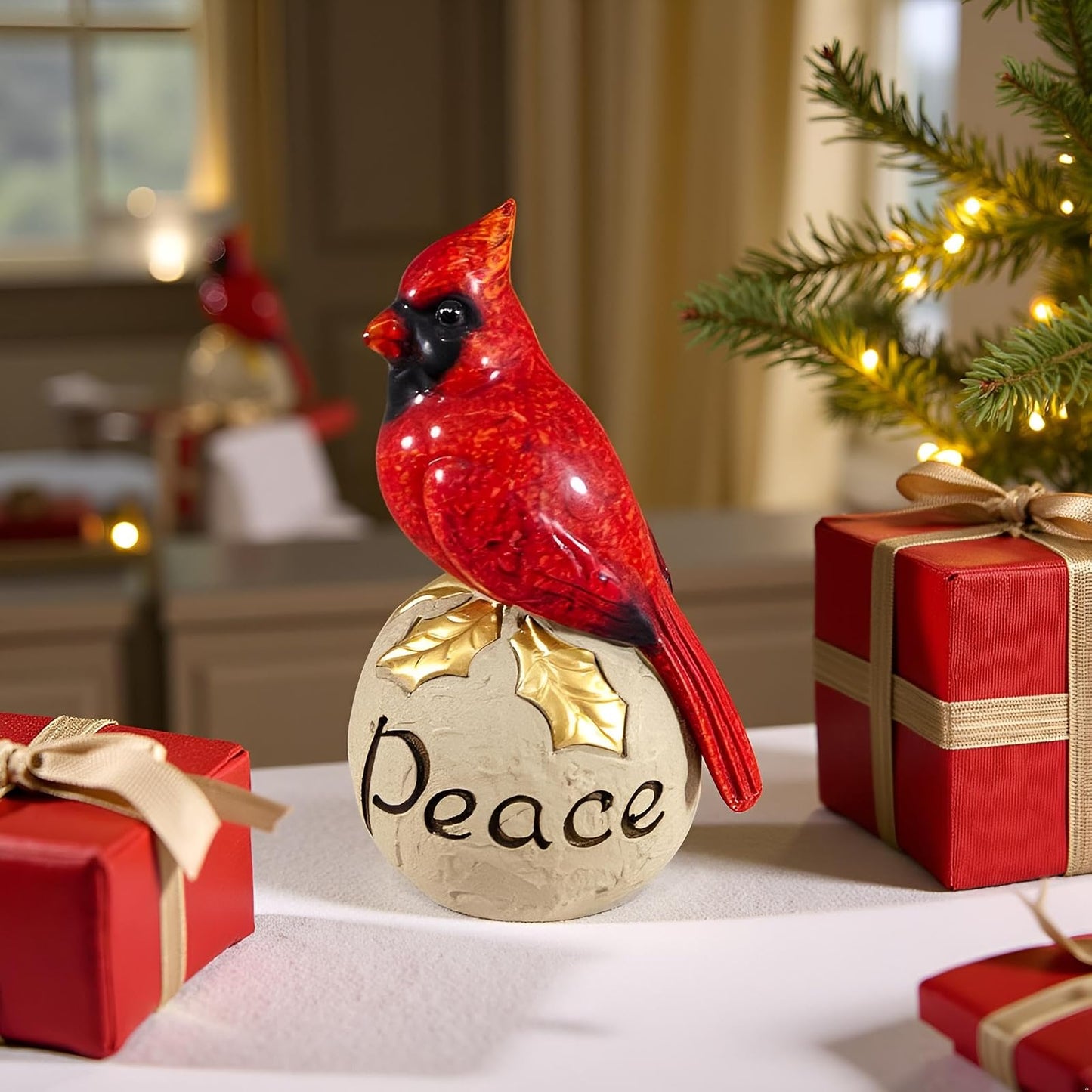 Comfy Hour Winter Holiday Home Collection 6'' Red Cardinal Standing On Peace Stone Pedestal Figurine, High Gloss Bird, Ideal Christmas Decoration, Polyresin