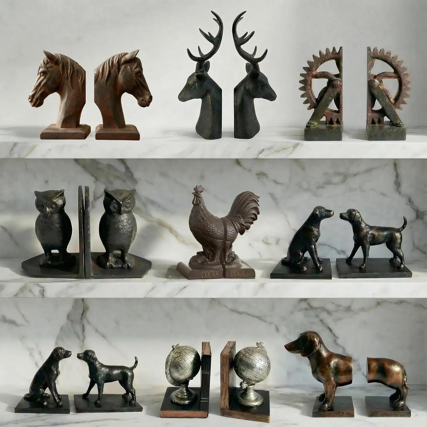 Comfy Hour Farmhouse Home Decor Collection 5" Length 7" Height Set 2 Horse Head Bookends Art Bookend, 1 Pair, Antique Style, Heavy Weight, Brown Rust Effect, Polyresin