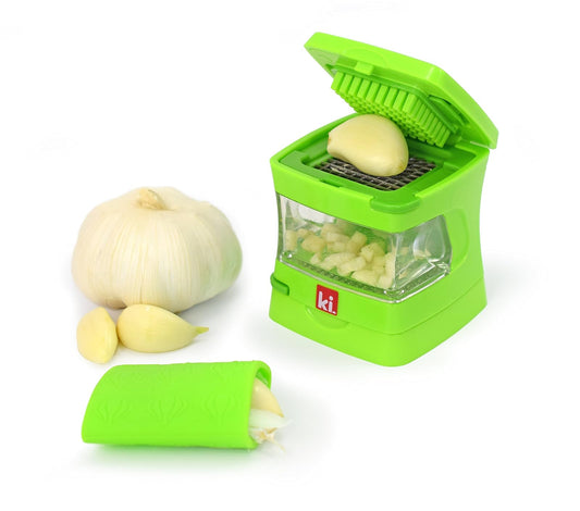Kitchen Innovations Garlic-A-Peel Garlic Press, Crusher, Cutter, Mincer, and Storage Container - Includes Silicone Garlic Peeler - Easy to Clean - Stainless Steel Blades ‚Äì (Green), standard