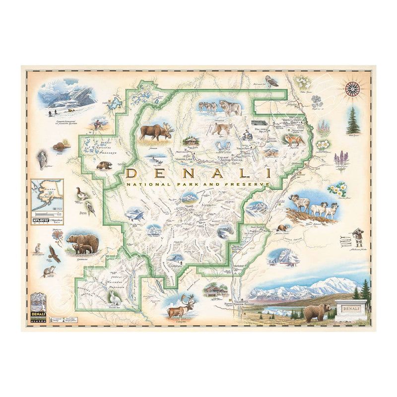 Xplorer Maps Denali National Park Hand-Drawn Map - Authentic 24x18 Vintage-Style Wall Art - Lithographic Print with Soy-Based Inks - Made in USA