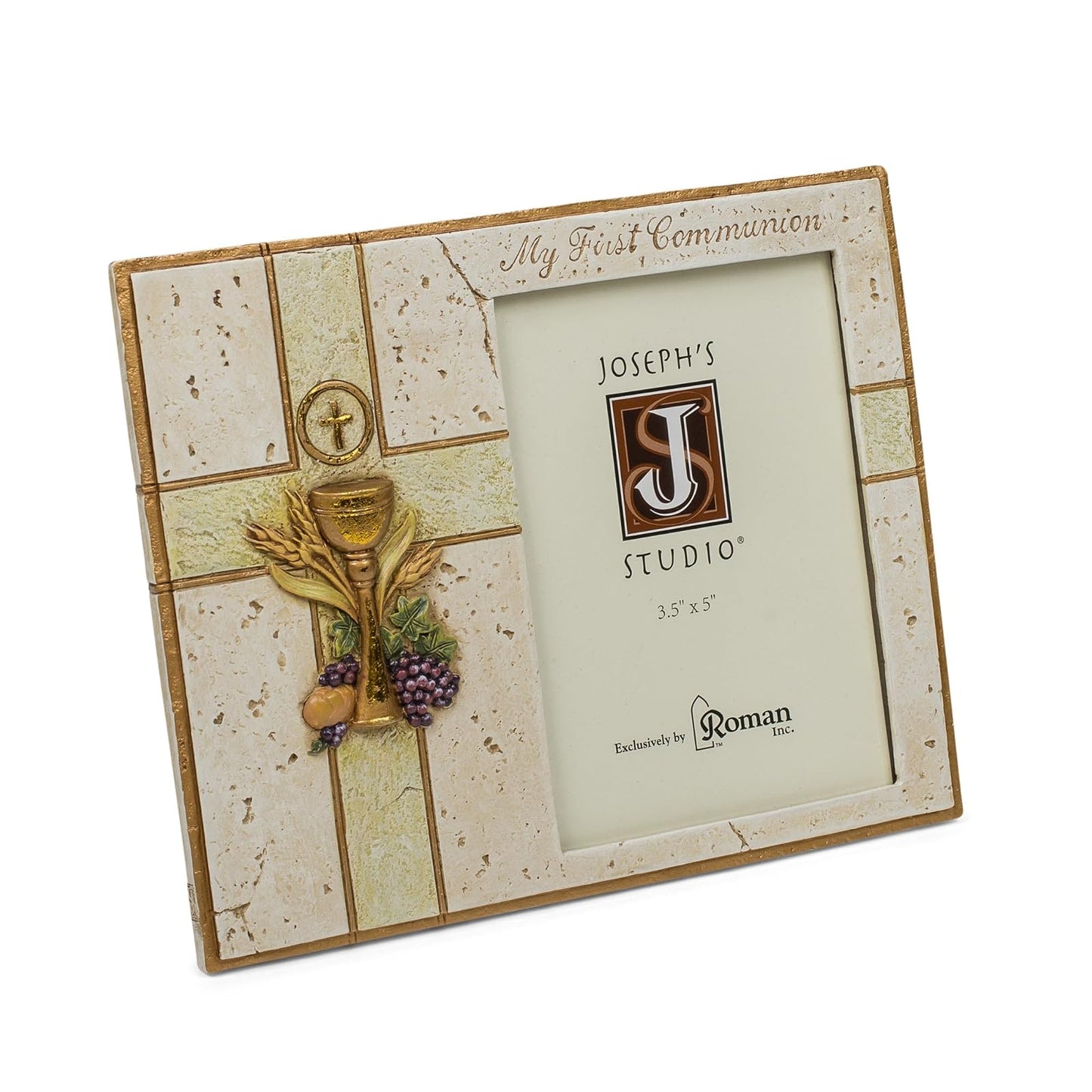 Roman My First Communion Chalice Host 7.5 x 6 Inch Resin Stone Easelback Picture Frame