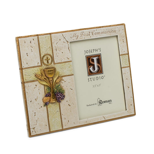 Roman My First Communion Chalice Host 7.5 x 6 Inch Resin Stone Easelback Picture Frame
