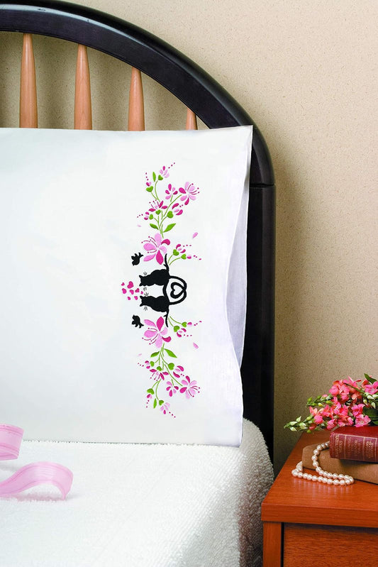 Design Works Crafts Tobin Stamped Pillowcases, Cat Silhouette, 20" x 30" Embroidery Kit, White