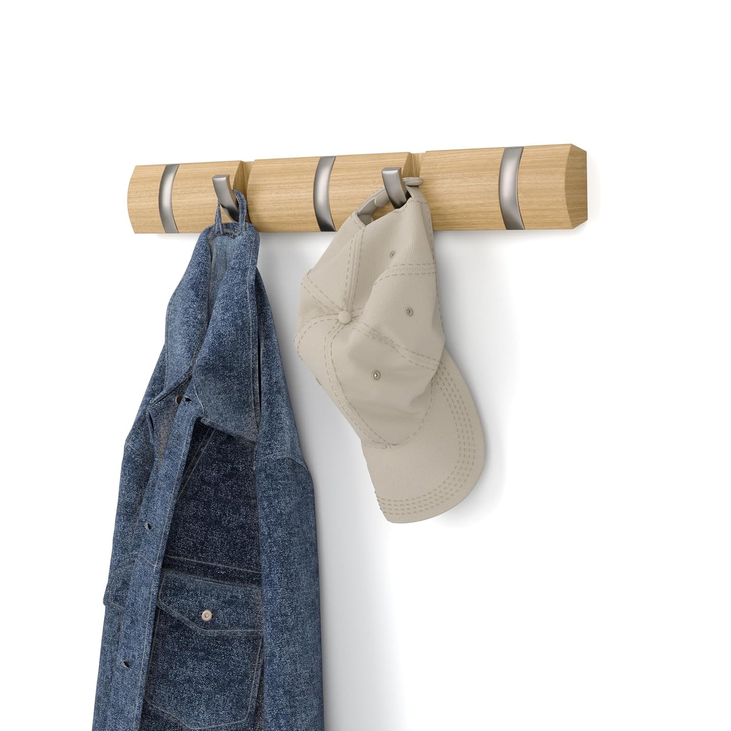 Umbra Flip 5-Hook Wall Mounted Floating Coat Rack  Modern, Sleek, Space-Saving Coat Hanger with 5 Retractable Hooks to Hang Coats, Scarfs, Purses and More, Natural/Nickel
