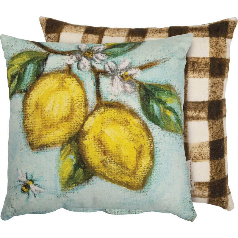 Double Sided Reversible Decorative Cotton Throw Pillow Cushion, Perfect for Couch, Sofa, Bed-Soft Yellow Lemons & Bee, White Flower, Brown Checkered Buffalo Gingham-Primitives By Kathy