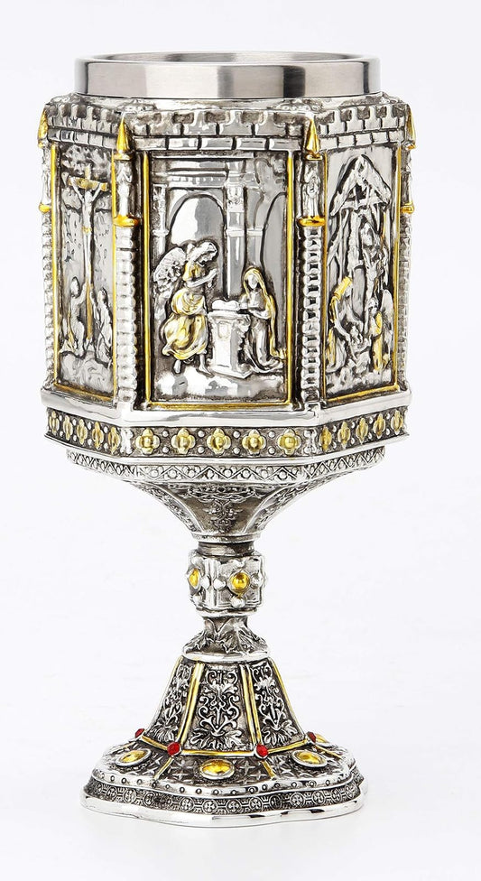 Veronese Design 7 1/8" Life Of Jesus Wine Chalice With Stainless Steel Tumbler Electroplated Polyresin Sculpture Cup