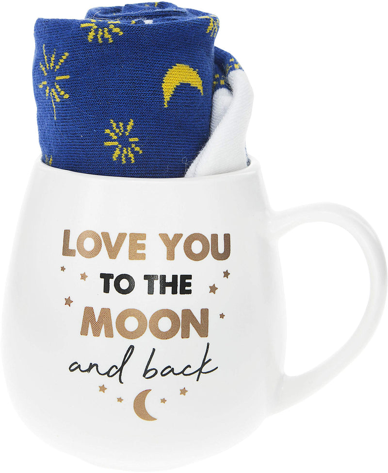 Pavilion Gift Company 71304 Love Back Moon And Stars Socks & 15.5 Oz Coffee Cup Mug Gift Set, White