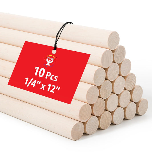 Hygloss Products, Inc Wooden Dowel Rods Unfinished Natural Wood Sticks-1/4 x 12 Inches, 10 Pack, 1/4-Inch x 12-Inch, 10 Count