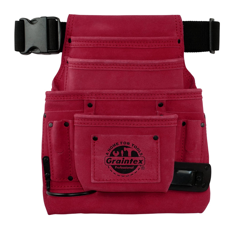 Graintex SS2238 :: 10 Pocket Nail & Tool Pouch Burgundy Color Suede Leather with 2” Webbing Belt for Constructors, Electricians, Plumbers, Handymen