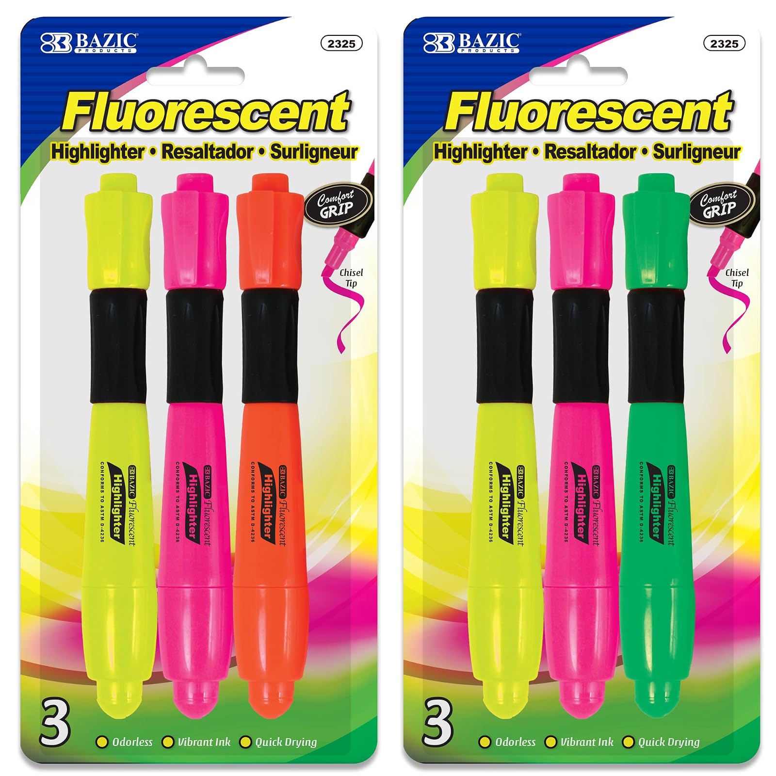 BAZIC Desk Style Fluorescent Highlighters w/ Cushion Grip (3/Pack)