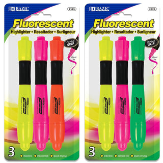 BAZIC Desk Style Fluorescent Highlighters w/ Cushion Grip (3/Pack)