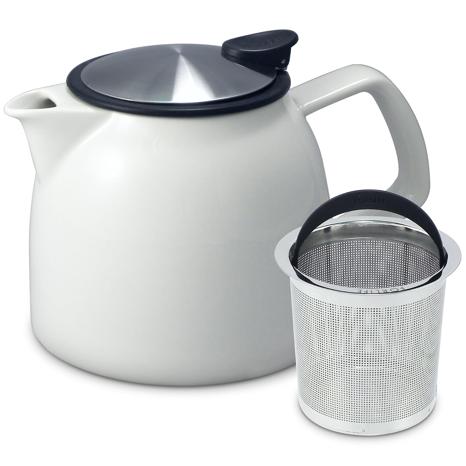FORLIFE Bell Ceramic Teapot with Basket Infuser, 26-Ounce/770ml, White