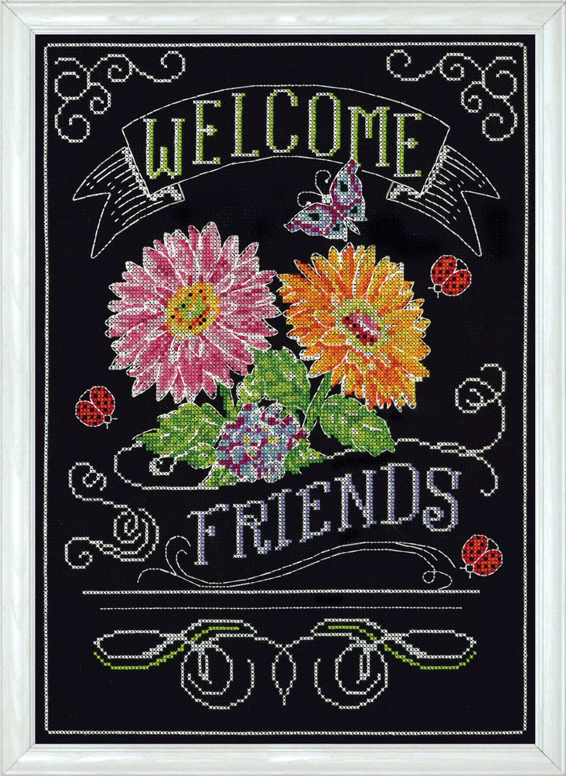 Design Works Crafts 2867 Welcome Friends Chalkboard Counted Cross Stitch Kit, 10 by 14&quot;