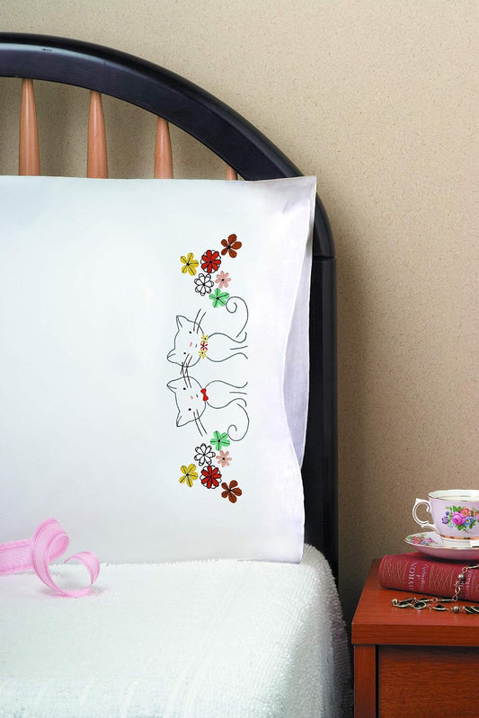 Design Works Crafts Tobin Stamped Pillowcase Pair for Embroidery, 20 by 30-Inch, Retro Cats - 407347