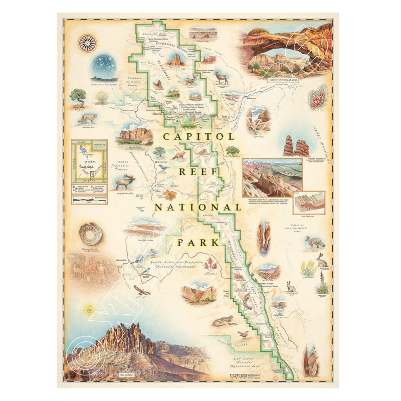 Xplorer Maps Capitol Reef National Park Hand-Drawn Map - Authentic 18x24 Vintage-Style Wall Art - Lithographic Print with Soy-Based Inks - Made in USA
