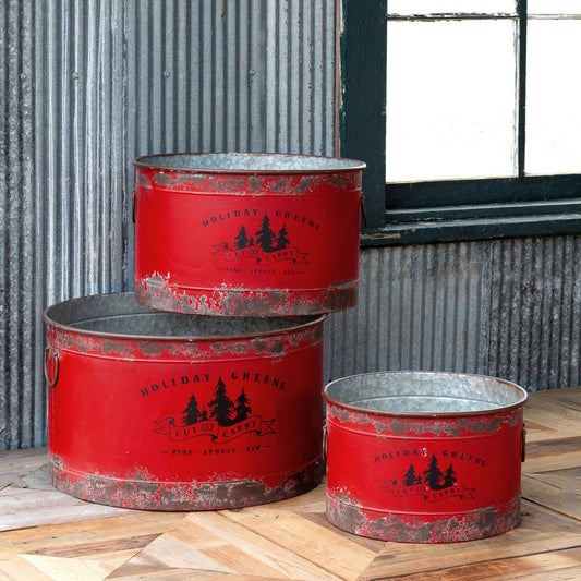 Park Hill Collection Jumbo Aged Red Distressed Metal Tree Pots, Set of 3 for Christmas Tree Stand, Collar, Porch, Fireplace