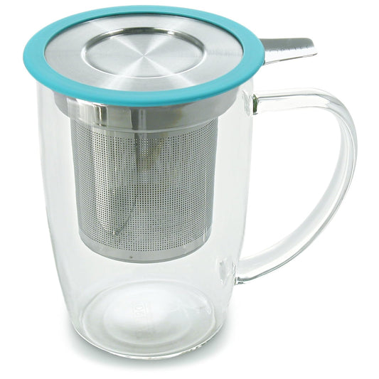 FORLIFE NewLeaf Glass Tea 16-Ounce Mug with Infuser and Lid, Turquoise