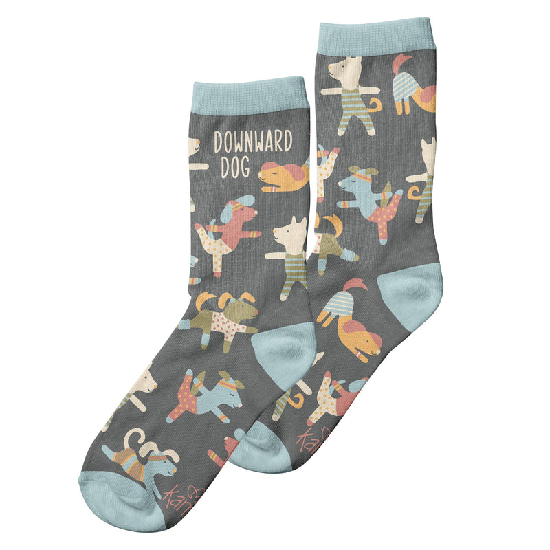 Karma Downward Dog Crew Socks - Cute and Funny Socks for Women - Bright and Colorful Designs - One Size Fits Most - Downward Dog (KA2008)