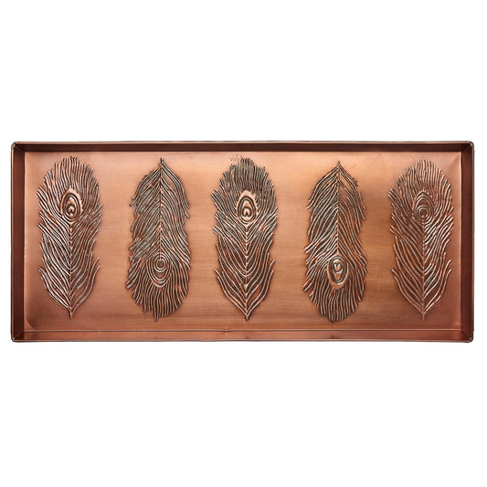Larry Traverso Peacock Feather Pattern Metal Boot Tray, 30 x 13 inches, Antique Copper Finish