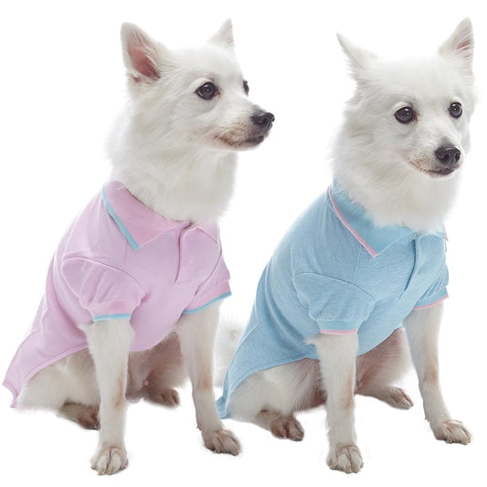 Blueberry Pet Pack of 2 Back to Basic Cotton Blend Dog Polo Shirts in Pastel Pink and Blue, Back Length 12", Clothes for Dogs