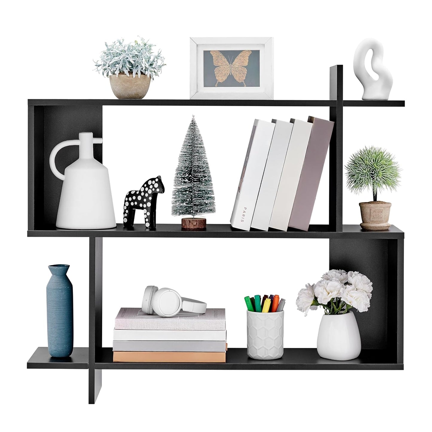 Danya B. Manasa Floating Geometric Kilter Two-Tier Wall Shelf - Black