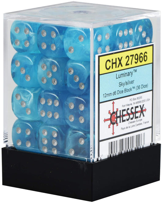 Chessex  27966 Luminary 12mm D6 Glow in the Dark  Dice Set, Sky with Silver