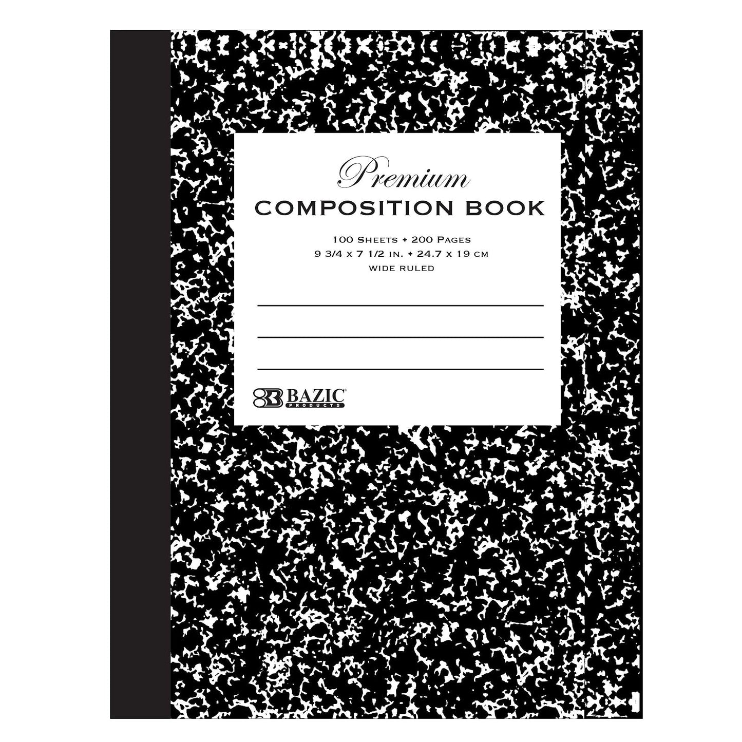 BAZIC Composition Book Wide Ruled 100 Sheet, Premium Black Marble Notebook, Writing Journal Comp Lined Notebooks for School, 1-Pack